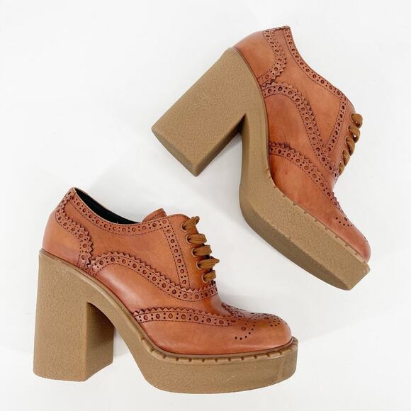 Prada Terracotta Leather Brogue Lace Up Chunky Platform Block Heel Shoes IT 39.5 - Picture 4 of 13